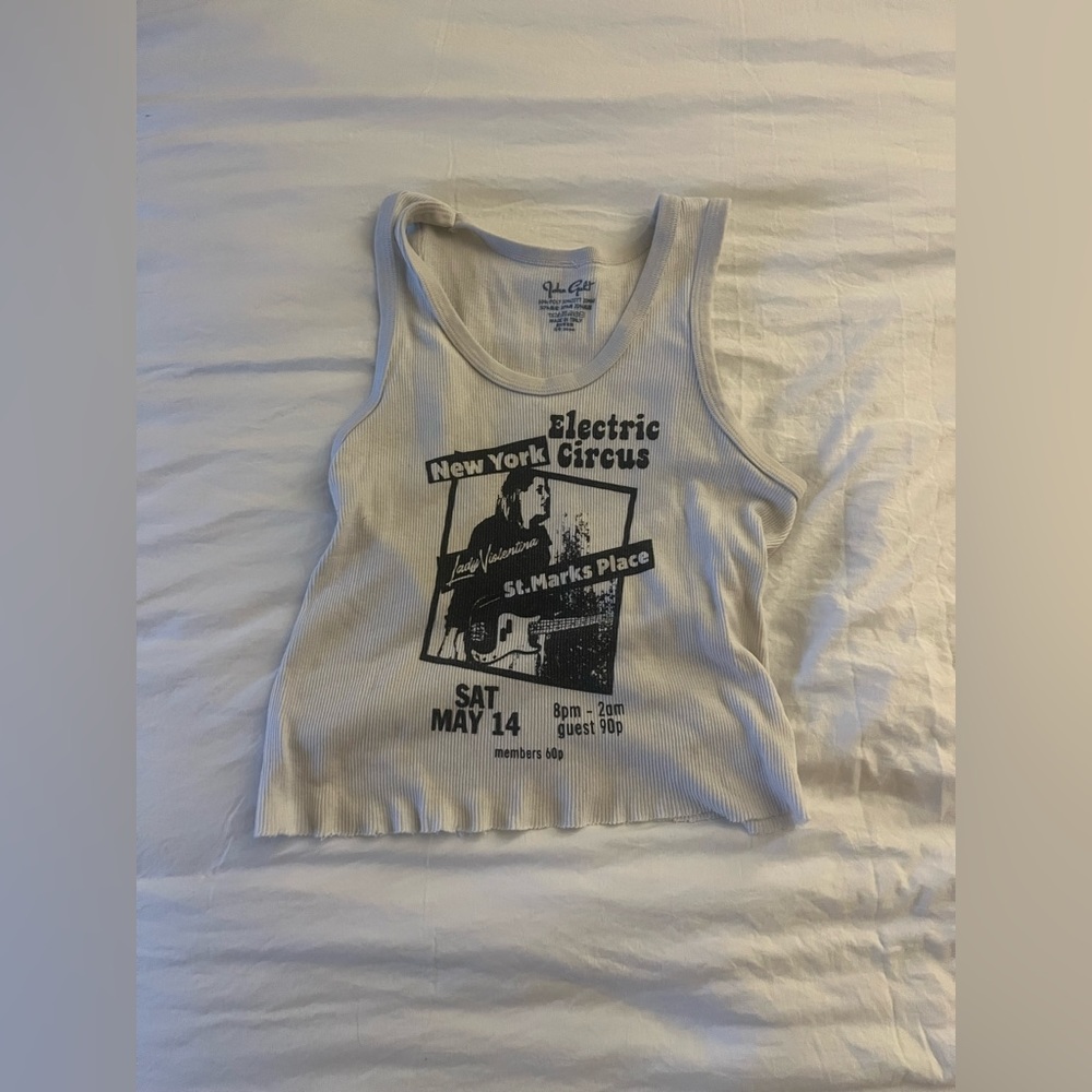 Grey cropped tank top. Graphic tee from John Galt.